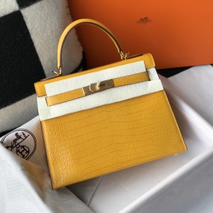 「#4173」 Hermès Crocodile Pattern Amber Kelly Bag Gold Buckle 25cm