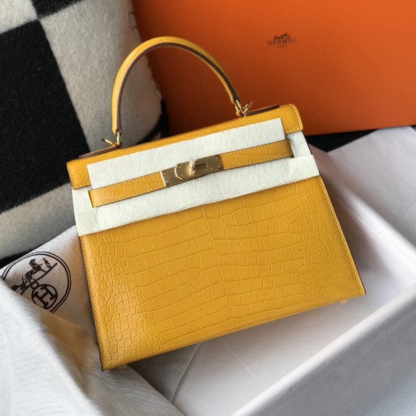 「#4173」 Hermès Crocodile Pattern Amber Kelly Bag Gold Buckle 25cm