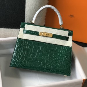 「#4174」 Hermès Crocodile Pattern Peacock Green Kelly Bag Gold Buckle 25cm