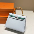 「#4176」Hermès three-piece blue Kelly bag with gold buckle 25cm