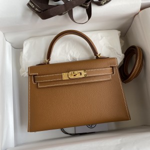 「#4177」 Hermès Epsom leather golden brown second generation Mini Kelly gold buckle 19cm