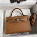 「#4178」 Hermès Epsom leather golden brown second generation Mini Kelly silver buckle 19cm