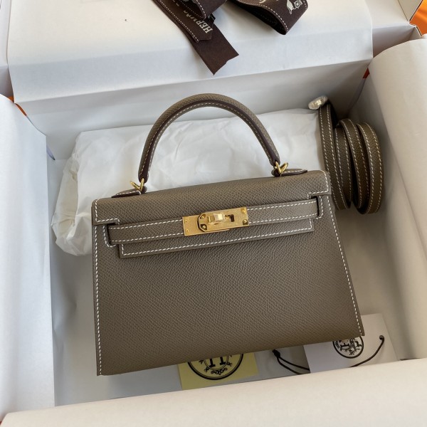 「#4180」 Hermès Epsom leather elephant grey second generation Mini Kelly gold buckle 19cm