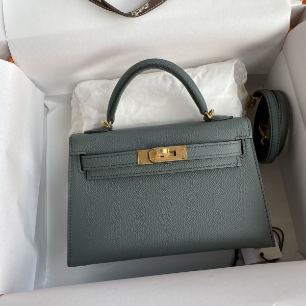 「#4184」 Hermès Epsom leather almond green second generation Mini Kelly gold buckle 19cm