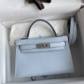 「#4186」 Hermès Epsom leather Haze Blue 2nd generation Mini Kelly Silver Buckle 19cm