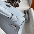 「#4186」 Hermès Epsom leather Haze Blue 2nd generation Mini Kelly Silver Buckle 19cm