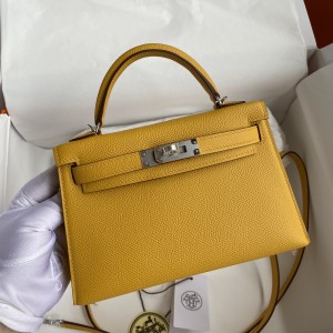 「#4194」 Hermès Epsom leather amber yellow second generation Mini Kelly silver buckle 19cm