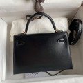 「#4197」 Hermes Imported Box Leather Black Second Generation Mini Kelly Gold Buckle 19cm