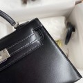 「#4198」 Hermes Imported Box Leather Black Second Generation Mini Kelly Silver Buckle 19cm