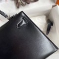「#4198」 Hermes Imported Box Leather Black Second Generation Mini Kelly Silver Buckle 19cm