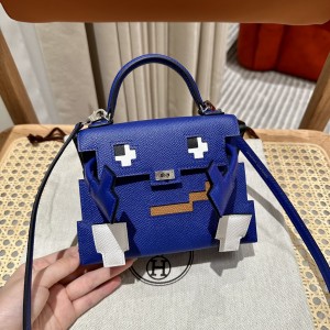 「#4202」 Hermes Electric Blue Kelly Doll Mosaic Doll Bag 19cm