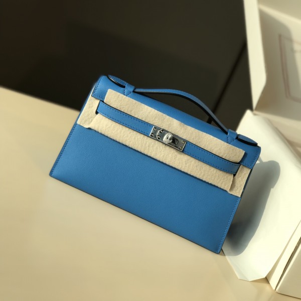 「#4207」 Hermès 1st Generation Swift Leather Narcissus Blue Silver Buckle Kelly Bag 22cm