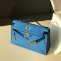 「#4208」 Hermès 1st Generation Swift Leather Water Fairy Blue Gold Buckle Kelly Bag 22cm