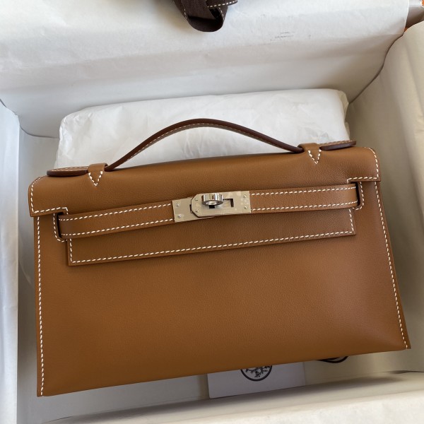 「#4221」 Hermès Swift Leather Large Gold Brown Silver Buckle Kelly Bag 22cm