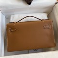 「#4221」 Hermès Swift Leather Large Gold Brown Silver Buckle Kelly Bag 22cm