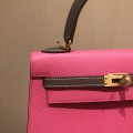 「#4238」 Hermès Epsom Lipstick Pink and Elephant Grey Gold Buckle Kelly Bag 25cm