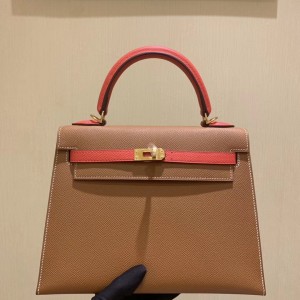 「#4239」 Hermès Epsom Brown and Tomato Red Gold Buckle Kelly Bag 25cm
