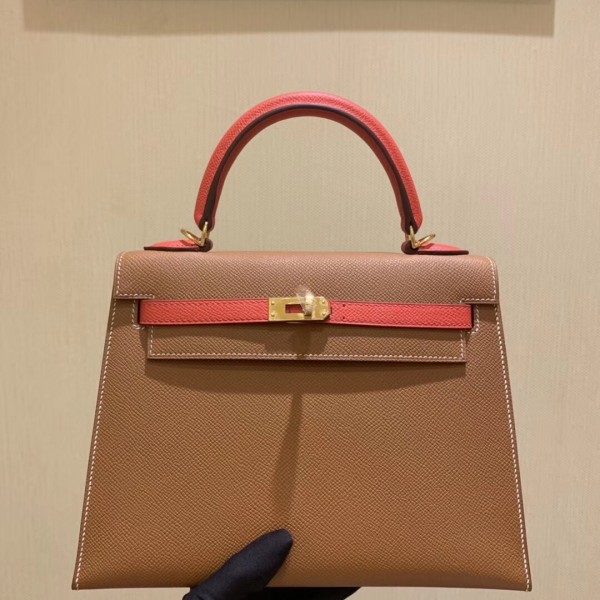 「#4239」 Hermès Epsom Brown and Tomato Red Gold Buckle Kelly Bag 25cm