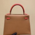 「#4239」 Hermès Epsom Brown and Tomato Red Gold Buckle Kelly Bag 25cm