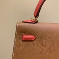 「#4239」 Hermès Epsom Brown and Tomato Red Gold Buckle Kelly Bag 25cm