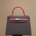 「#4240」 Hermès Epsom Pewter Grey Lipstick Pink Gold Buckle Kelly Bag 25cm