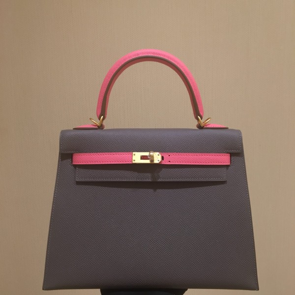 「#4240」 Hermès Epsom Pewter Grey Lipstick Pink Gold Buckle Kelly Bag 25cm