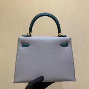 「#4242」 Hermès Epsom Seagull Grey and Peacock Green Gold Buckle Kelly Bag 25cm