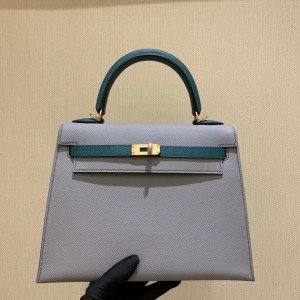 「#4242」 Hermès Epsom Seagull Grey and Peacock Green Gold Buckle Kelly Bag 25cm