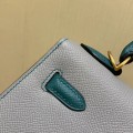 「#4242」 Hermès Epsom Seagull Grey and Peacock Green Gold Buckle Kelly Bag 25cm