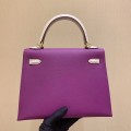 「#4243」 Hermès Epsom Anemone Purple and Milkshake White Gold Buckle Kelly Bag 25cm