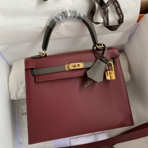 「#4244」 Hermès Epsom Burgundy and Pewter Grey Gold Buckle Kelly Bag 25cm