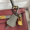 「#4244」 Hermès Epsom Burgundy and Pewter Grey Gold Buckle Kelly Bag 25cm