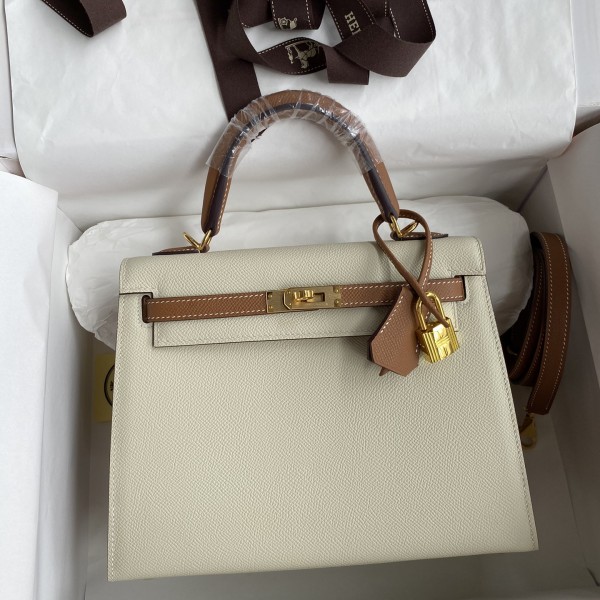 「#4245」 Hermès Epsom Milkshake White and Golden Brown Gold Buckle Kelly Bag 25cm