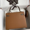 「#4247」 Hermès Epsom Golden Brown and Elephant Grey Gold Buckle Kelly Bag 25cm