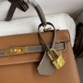 「#4247」 Hermès Epsom Golden Brown and Elephant Grey Gold Buckle Kelly Bag 25cm