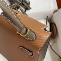 「#4247」 Hermès Epsom Golden Brown and Elephant Grey Gold Buckle Kelly Bag 25cm