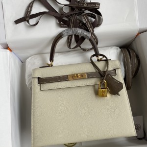 「#4248」 Hermès Epsom Milkshake White and Elephant Grey Gold Buckle Kelly Bag 25cm