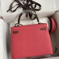 「#4249」 Hermès Epsom Lipstick Pink and Elephant Grey Gold Buckle Kelly Bag 25cm