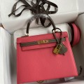 「#4249」 Hermès Epsom Lipstick Pink and Elephant Grey Gold Buckle Kelly Bag 25cm
