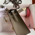 「#4249」 Hermès Epsom Lipstick Pink and Elephant Grey Gold Buckle Kelly Bag 25cm