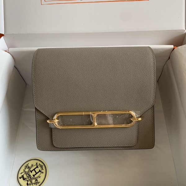 「#4033」Hermes Pig Nose Bag Asphalt Grey Gold Buckle Roulis 19cm