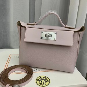 「#4261」 Hermes Dream Pink and Milkshake White Kelly Bag Silver Buckle Y2424mini 21*16*12cm