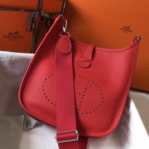 「#4292」 Hermès Red Silver Buckle Large Eveylen28cm