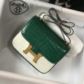 「#4297」 Hermès Constance Green Crocodile Pattern Gold Buckle Bag 19cm