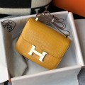 「#4298」 Hermès Constance Yellow Crocodile Pattern Gold Buckle Bag 19cm