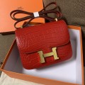 「#4299」 Hermès Constance Red Crocodile Pattern Gold Buckle Bag 19cm