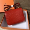 「#4299」 Hermès Constance Red Crocodile Pattern Gold Buckle Bag 19cm