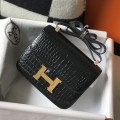 「#4302」 Hermès Constance Black Crocodile Pattern Gold Buckle Bag 19cm