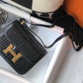「#4302」 Hermès Constance Black Crocodile Pattern Gold Buckle Bag 19cm