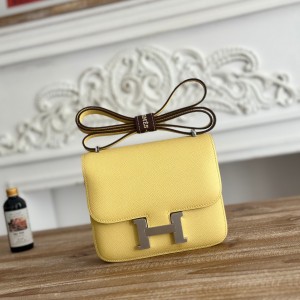 「#4311」 Hermès Chicken Yellow Constance Silver Buckle Stewardess Bag 19cm